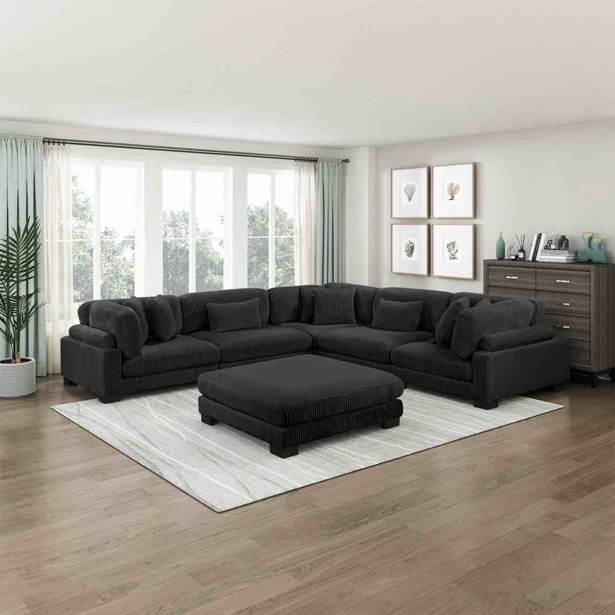 brinsley 135" modern modular sectional with corduroy fabric, adjustable backrests, 8 pillows(corner seat with 2 pillows only)