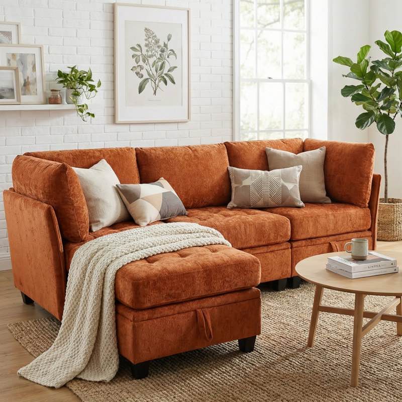 4-piece modern chenille sectional sofa with storage seat, modular couch with multiple configurations ( missing pieces)