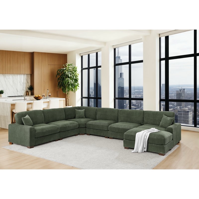 modern modular sectional sofa with adjustable headrests, movable ottoman & solid wood legs – cream / gray / green (corner seat and 2 armless seats only)