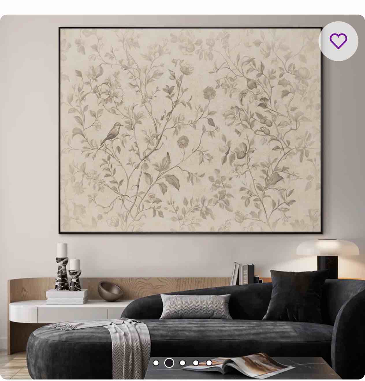 extra large wall art fabric print - vintage botanical floral drawing with bird artwork decor for living room or bedroom - "frame assembly required (unfinished frame