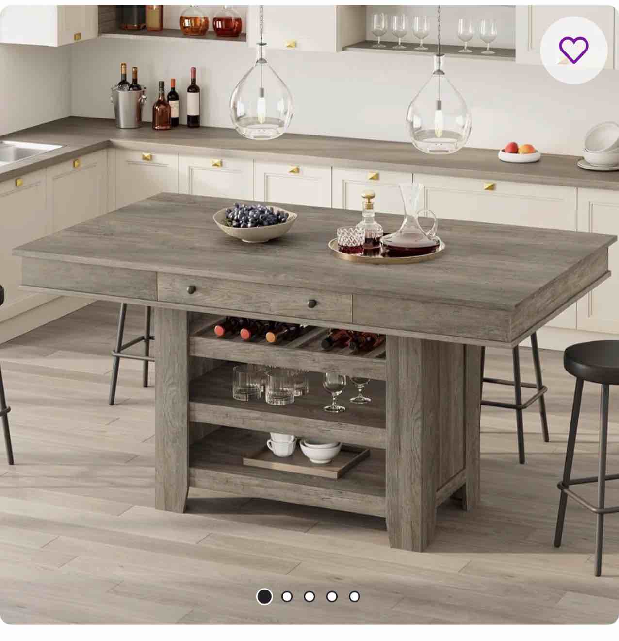 60" counter height dining table for 4, farmhouse large rectangular kitchen table for 6 with thick table top, bar height dining room table with deepened wine rack, shelves for kitchen, bar, pub