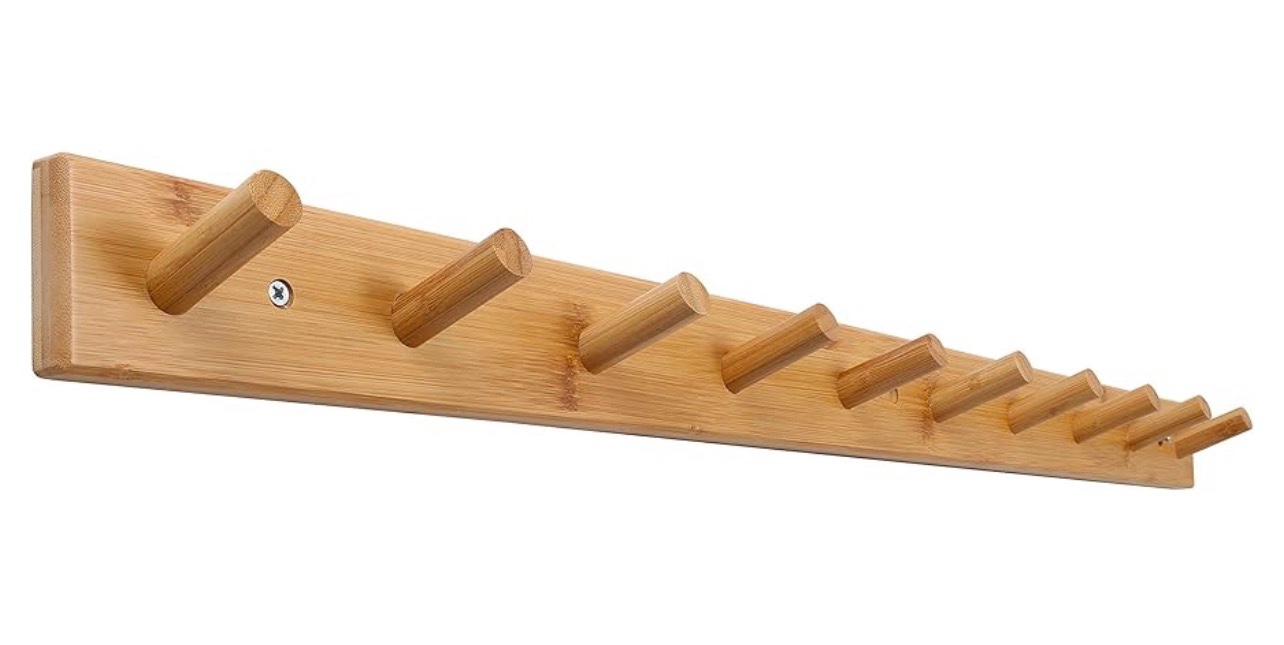 skoloo wood coat rack wall mounted,10 peg long bamboo hook for hanging backpack coat towel hat,16'' hole to hole,natural