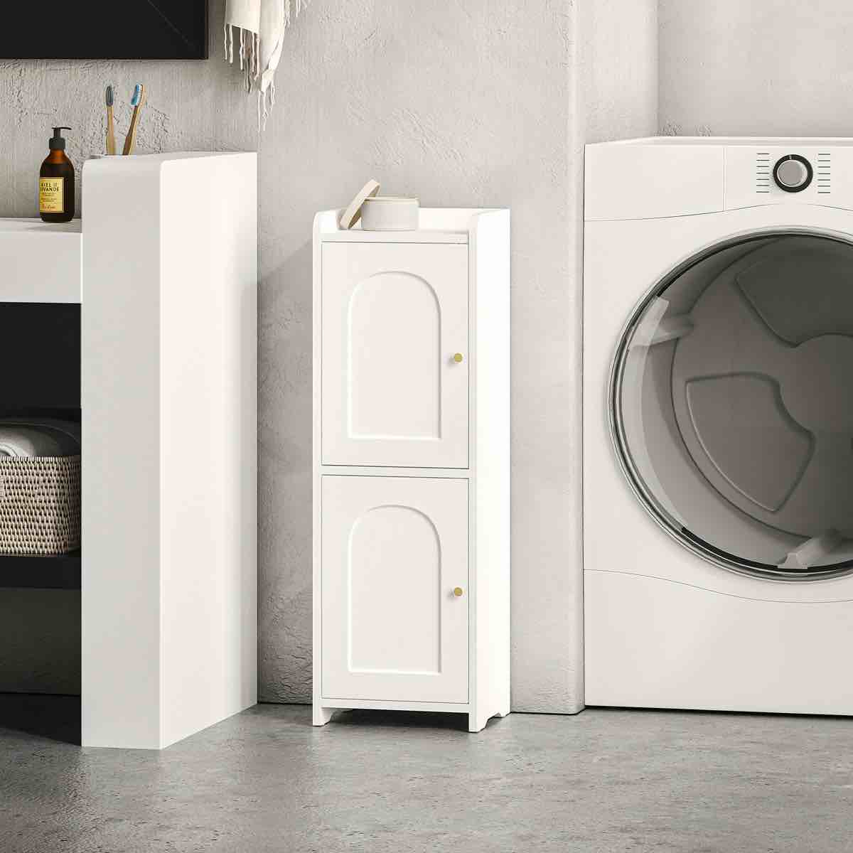 bathroom storage cabinet, corner floor cabinet with 2 doors and adjustable shelf, narrow toilet paper cabinet, bathroom organizer for small spaces