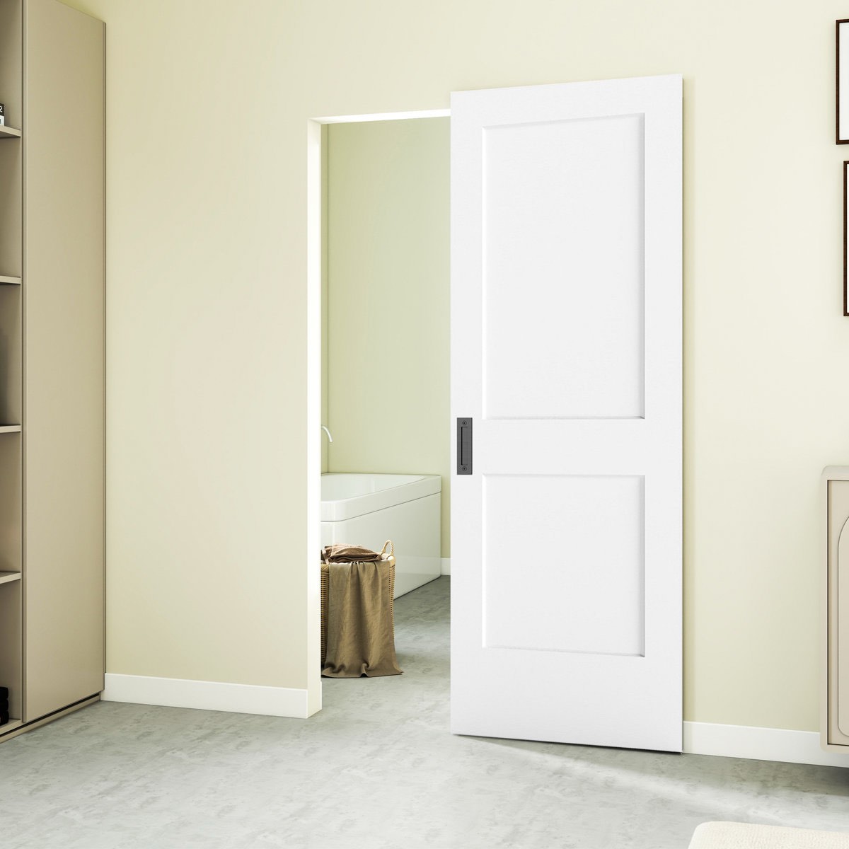 30"x84" flat 2-panel smooth white primed hollow core concealed/invisible magic sliding barn doors with installation hardware kit and double sided matte black flush pull