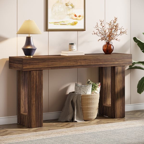 farmhouse console table, 63-inch long narrow sofa table behind the couch - rustic brown