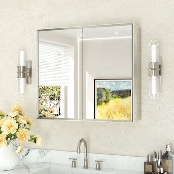 keonjinn medicine cabinets mirrors 30-in x 26-in surface/recessed mount brushed nickel mirrored