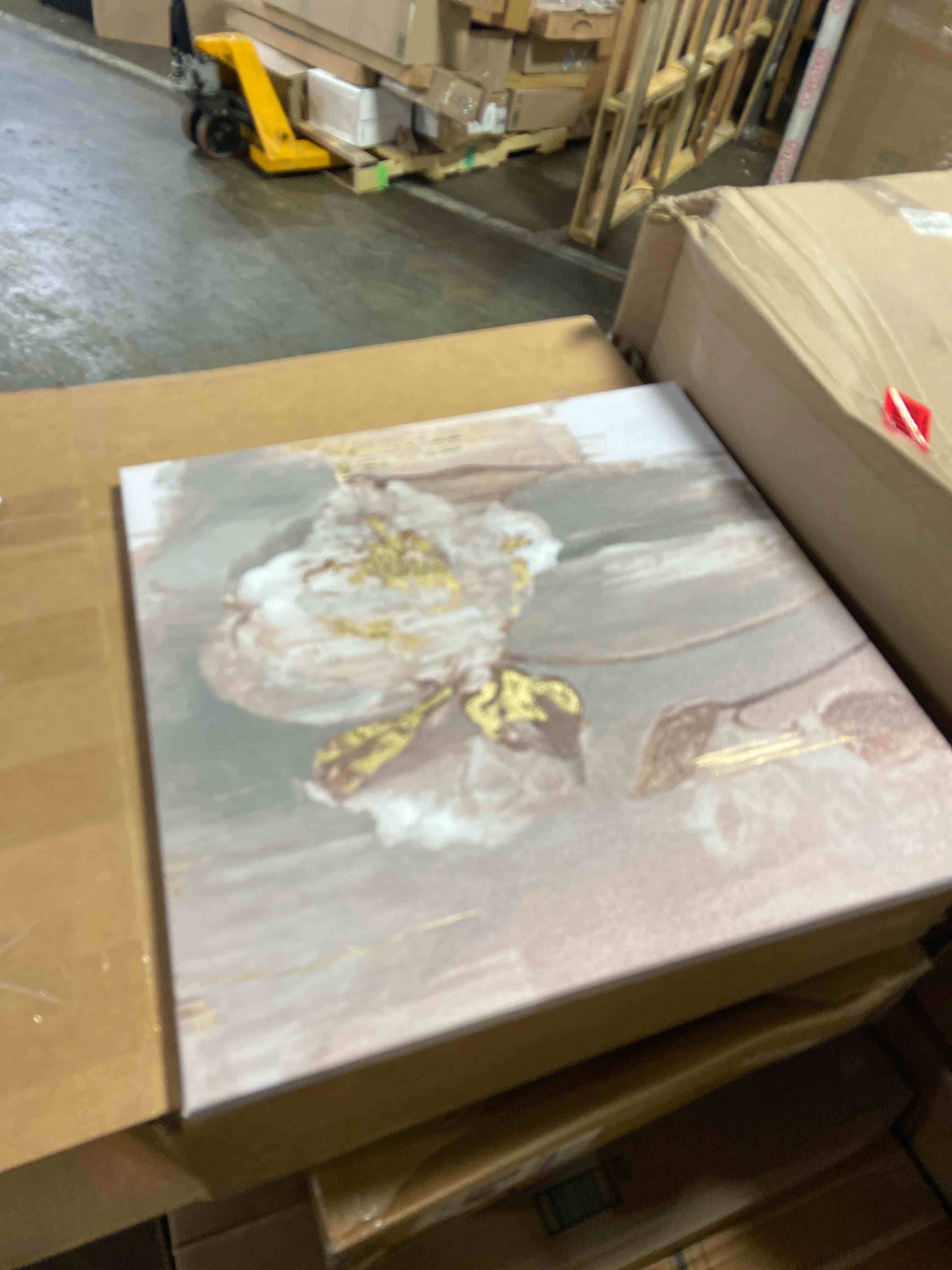 Condition photo showing New/Like New for Goldfoilart Floral Wall Art Gold Pictures White Flower Canvas with Gold Foil Embellishment Paintings Textured Poster Framed Artwork for Living Room Bedroom Office Decorations 24" x 24" Flower 24"L x 24"W