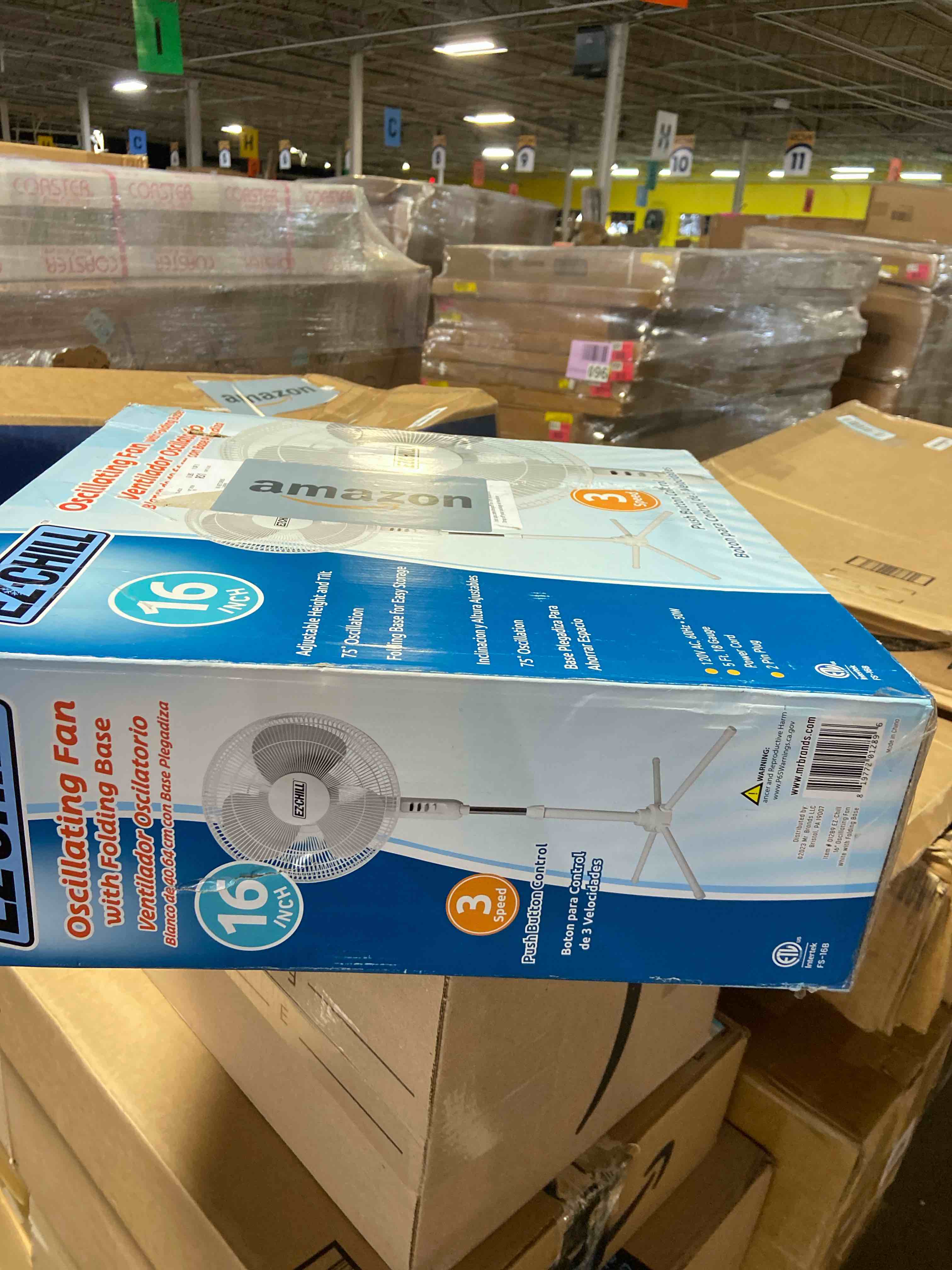 Condition photo showing New/Like New for EZ-Chill 16” Oscillating Pedestal Fan, 3-speed Options, 90-Degree Oscillating Head, Adjustable Height and Tilt, Powerful Air Flow, White, MTSP15-16AZ