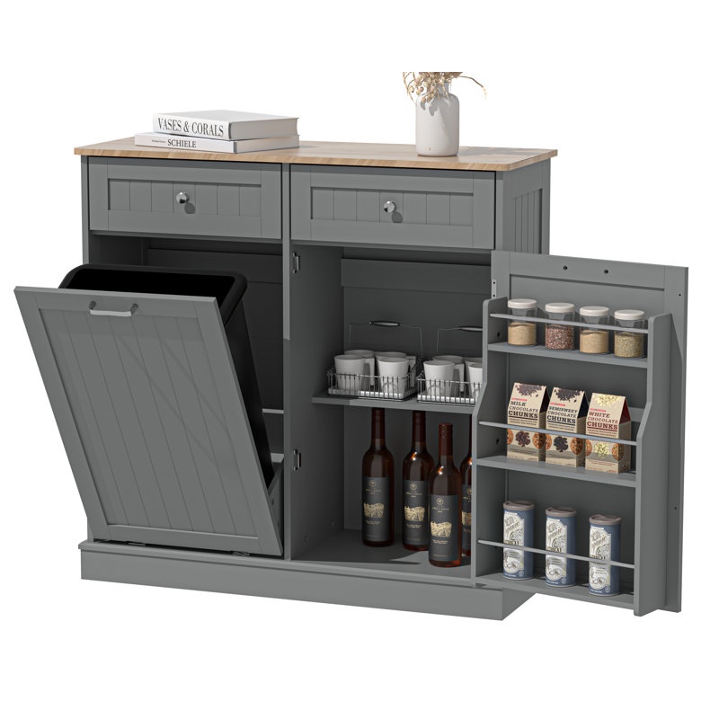 13 Gallons Tilt Out Trash Cabinet Free Standing Kitchen Storage Cabinet Recycling Trash Can Cabinet With Hideaway Drawers Pet Proof Trash Can Holder For Kitchen Living Room