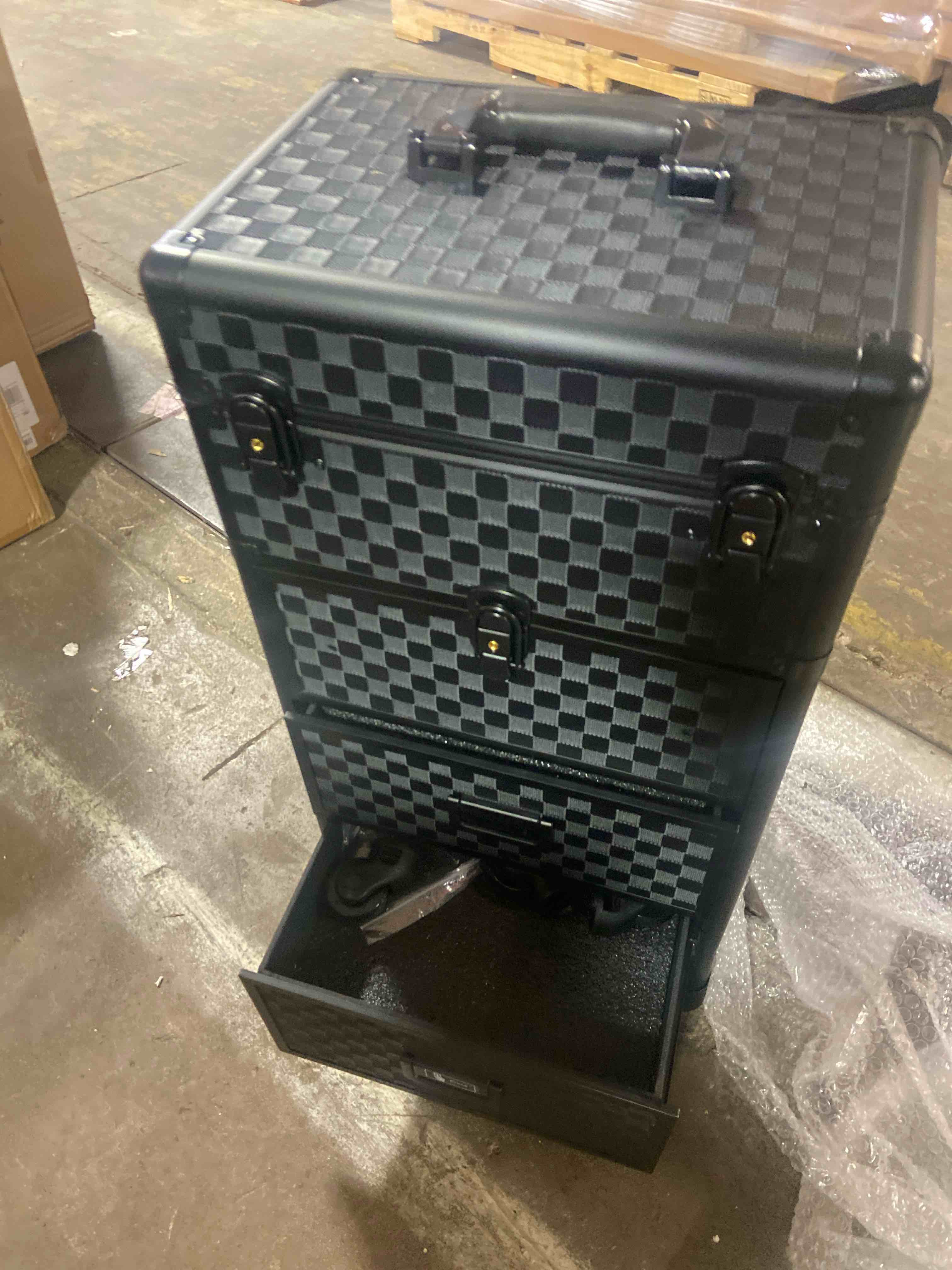 Condition photo showing New/Like New for Stagiant Rolling Makeup Case with Drawers Cosmetology Case on Wheels 4 IN 1 Makeup Case 3 Drawers with Foot Stand Spring-release Mechanism Rolling Make Up Organizer for Artist Salon Nail Teach Trunk 3 Drawers Black Checkerboard