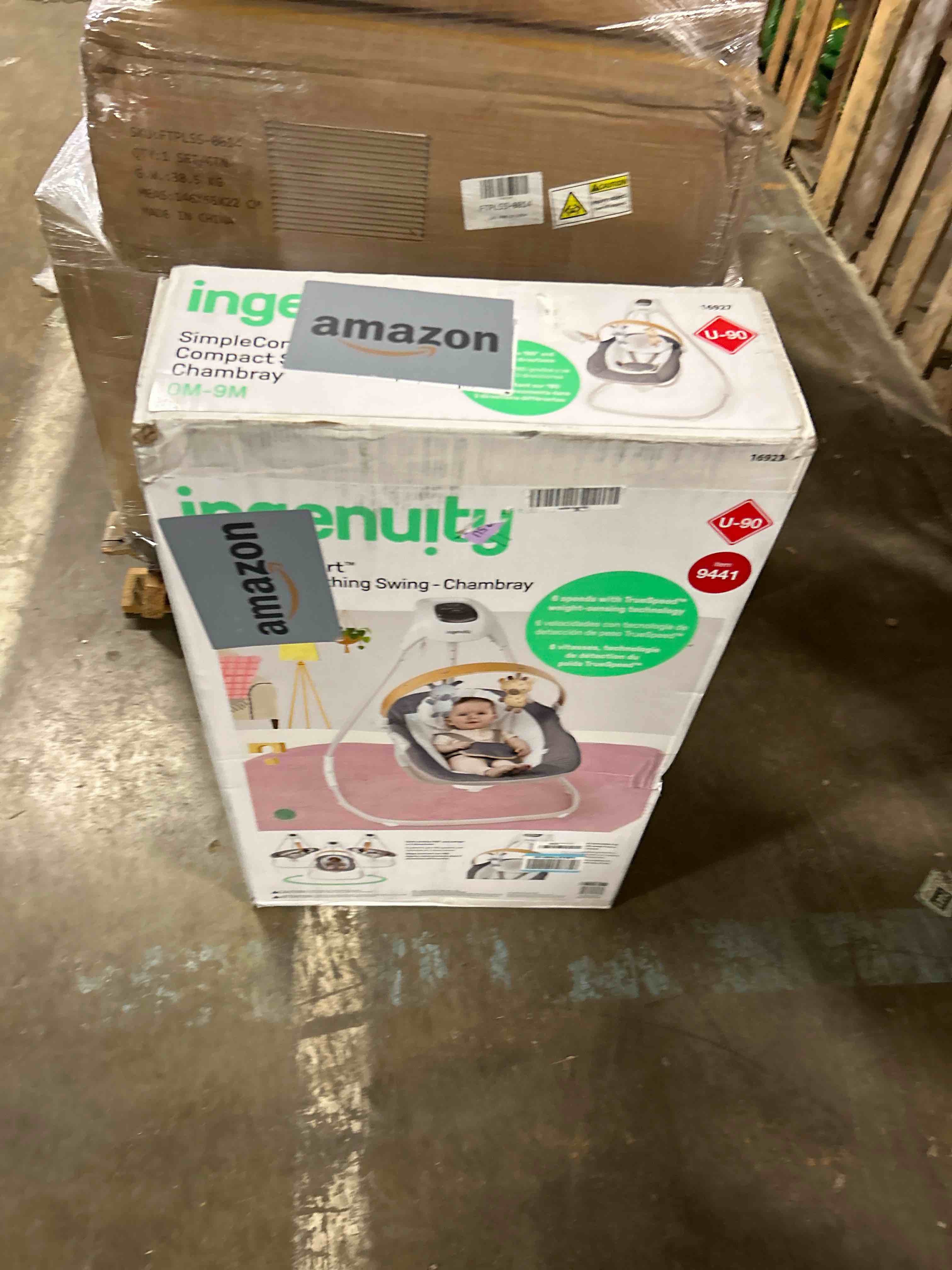 Condition photo showing New/Like New for Ingenuity SimpleComfort Compact Baby Swing, Rotating Seat Swings in 3 Directions, 6 Speeds, 8 Melodies & 3 Nature Sounds, Ages 0-9 Months, Up to 20 Pounds - Chambray