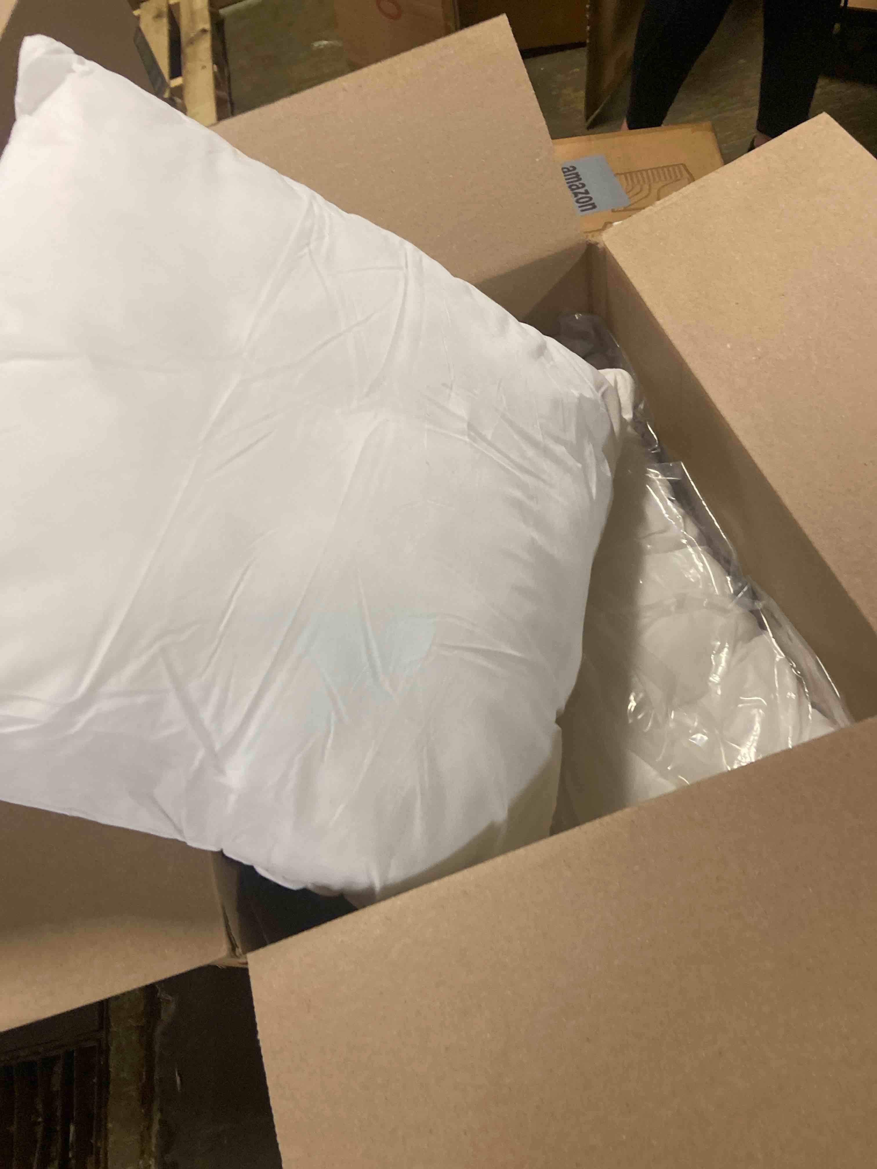 Condition photo showing New/Like New for OKBA Throw Pillows Insert Set of 2, with 100% Cotton Cover, Bed and Couch - Indoor Hotel Decorative Pillows, 18x18in White Pillows Inserts 18x18 Inch (Pack of 2) White