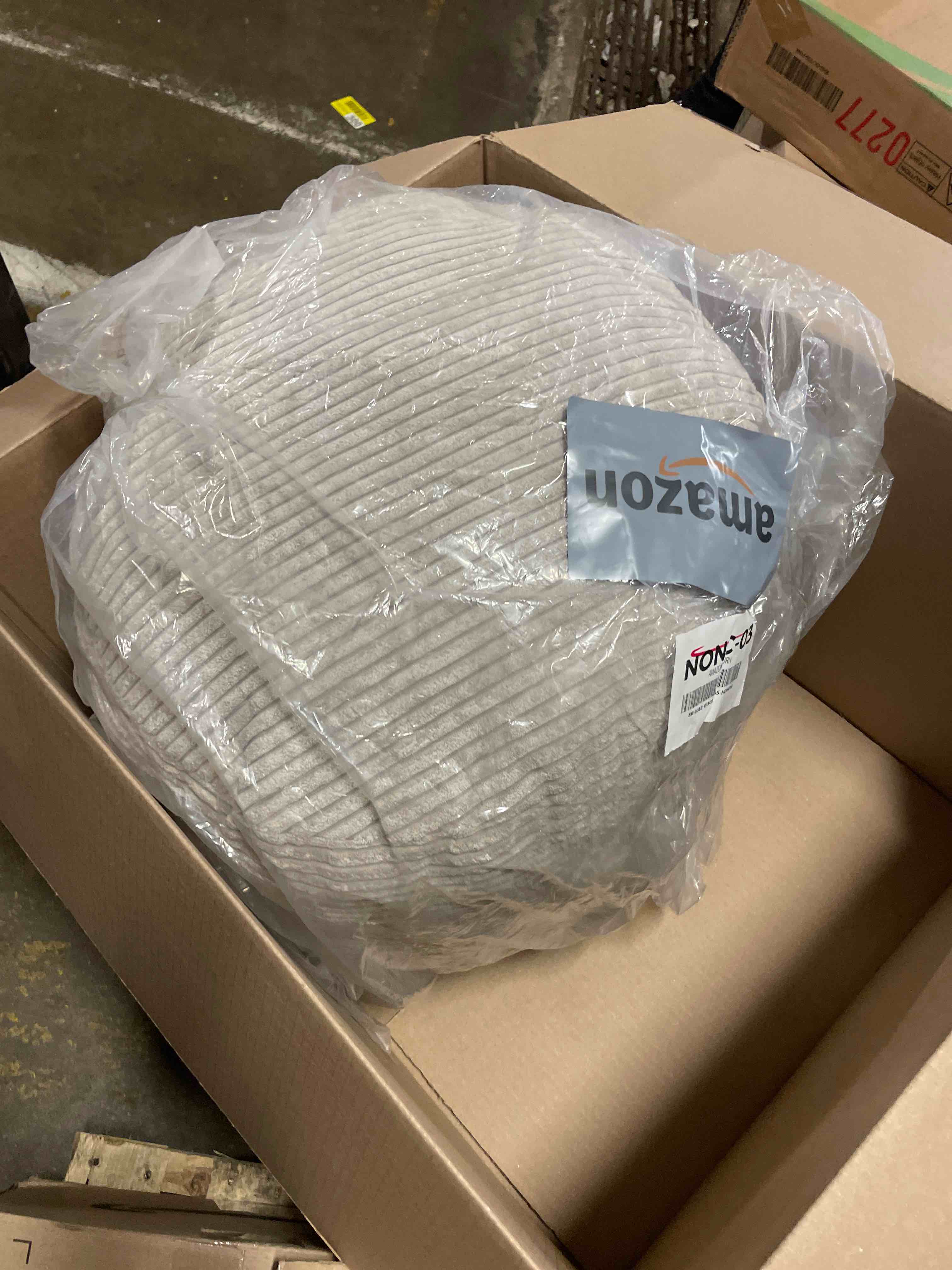 Condition photo showing New/Like New for HIGOGOGO Round Stuffed Pouf Ottoman, Corduroy Poufs with Foam Chunk Filling, Furry and Fluffy Pouf Foot Stool Storage Ottoman, 20 X 15 Floor Poufs Foot Rest for Living Room, Beige 20 inch Beige