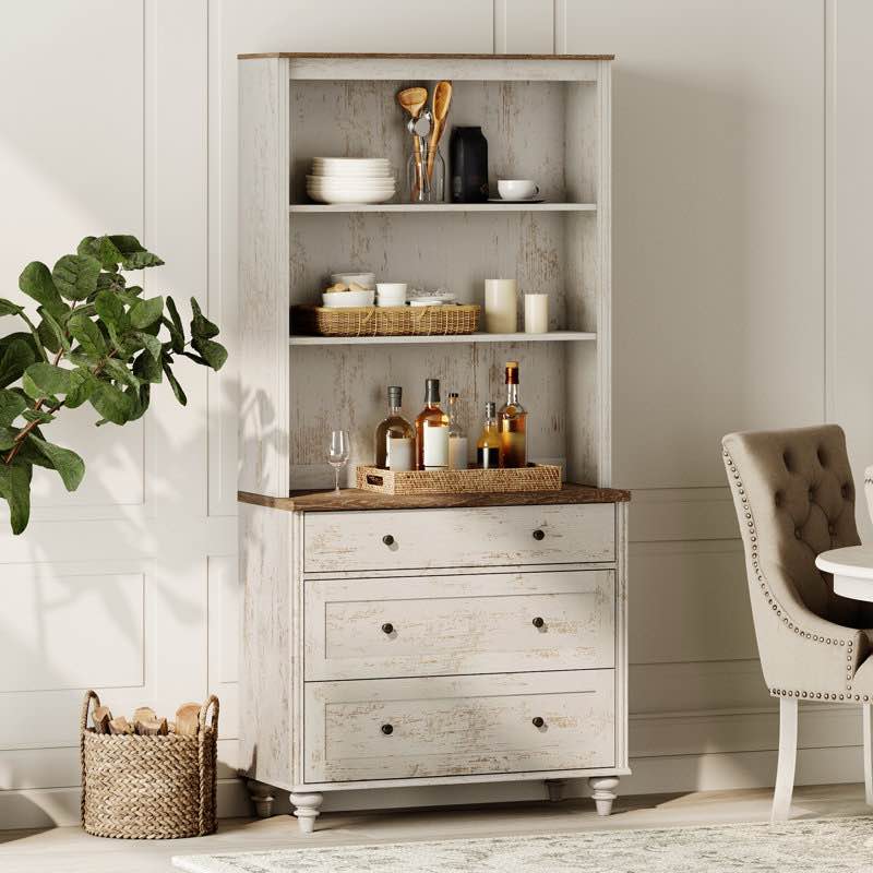 Scarlett Sideboard Cabinet With Bar Hutch, Buffet Cabinet With 3 Drawers And 3 Tier Shelves, 34''(Does not come work shelf)