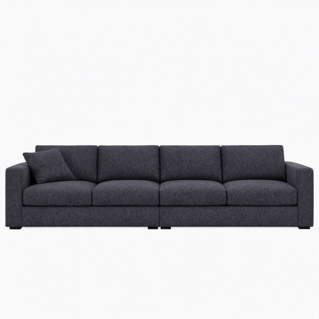 Condition photo showing New/Like New for 4 seat dark grey modular sofa with wooden feet. 194.38 w x 12.6 d x 32.9 h 