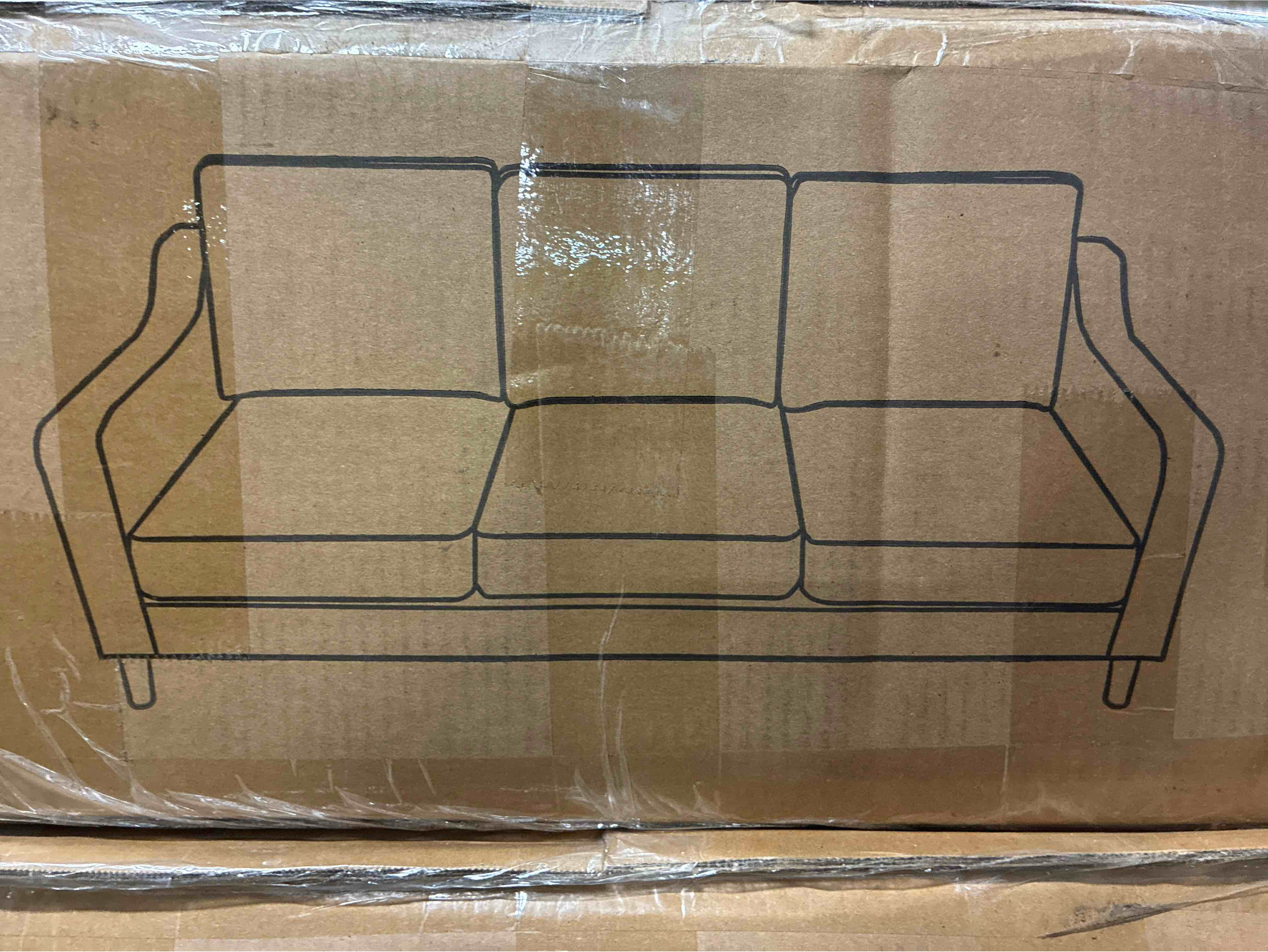 Condition photo showing New/Like New for azriah vegan leather square arm 3 seat sofa with wooden legs. width: ~80 inches.depth: ~20 inches (seat depth).height: ~18 inches (seat height).