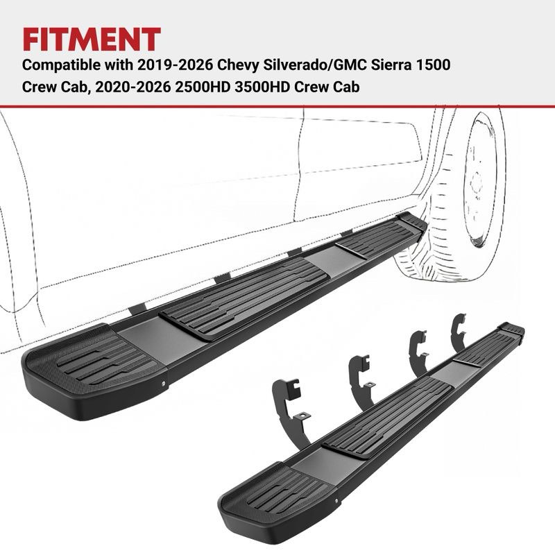 Condition photo showing New/Like New for chevy silverado 1500 double cab 2019-2023 running boards, fit: diesel models w/def, 2022 silverado 1500 ltd and 2022 sierra 1500 limited 2020-23 2500/3500 silverado/sierra crew cab (includes diesel models w/def)