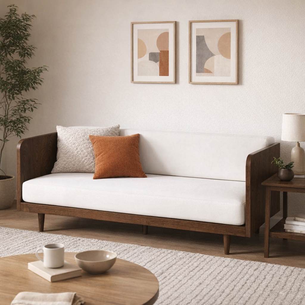 Condition photo showing New/Like New for square arm white boucle 3-seater sofa with cane rattan frame. hardware needs replaced, otherwise brand new condition. 31.5'' h x 72'' w x 33.5'' d