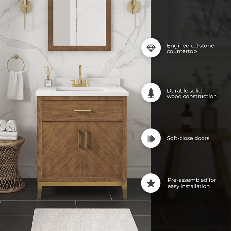 Condition photo showing New/Like New for ove decors diya 30" macchiato brown chevron carved free standing single basin vanity set with single drawer, cabinet and stone vanity top with gold brushed handles and knobs. 30 in. wide x 22 in. deep x 34.5 in. high