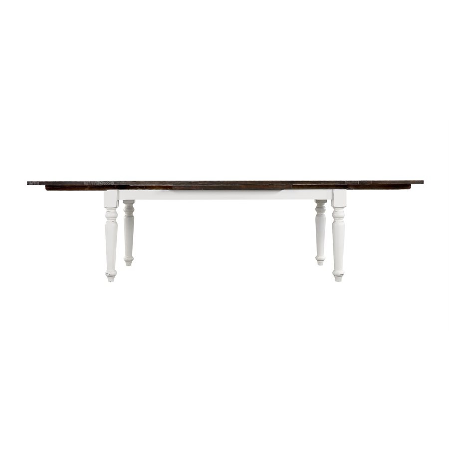 Condition photo showing New/Like New for pine wood 2 tone white extendable dining table with dark mocha top, 78.75" l x 44" w x 8"