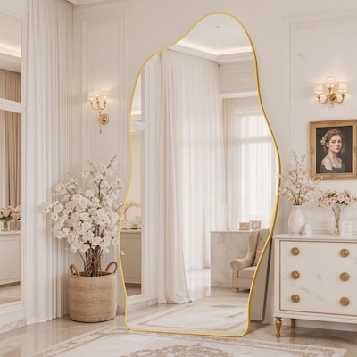 Condition photo showing New/Like New for wrought studio 41in x 81in irregular gold framed full length floor mirror freestanding with stand
