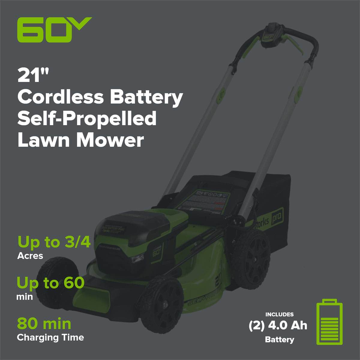 Condition photo showing New/Like New for 60v 21" cordless battery self-propelled lawn mower w/ two (2) 4.0ah batteries & dual port