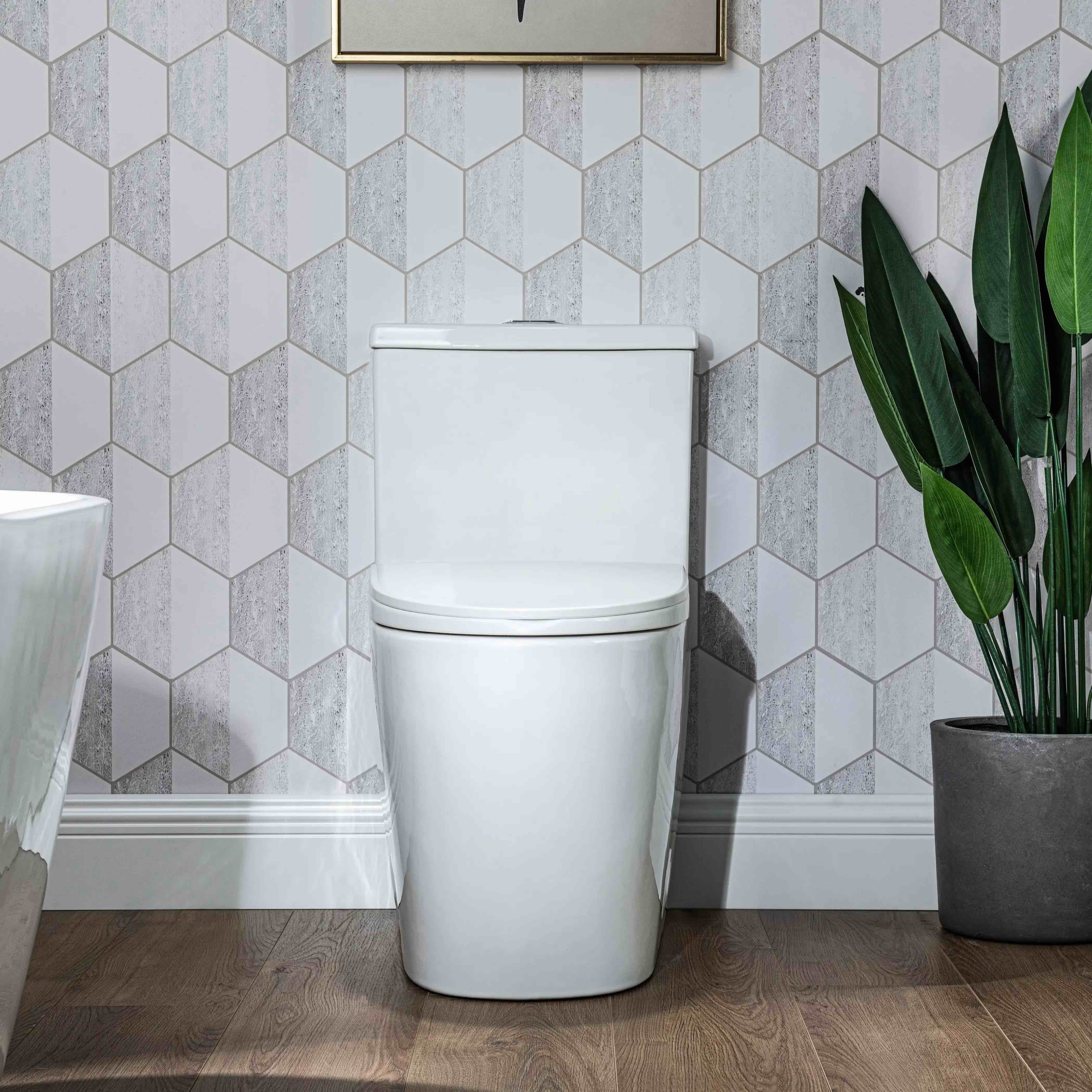 Condition photo showing New/Like New for one-piece elongated toilet with dual flush 0.9/1.28 gpf, 12'' rough-in, white