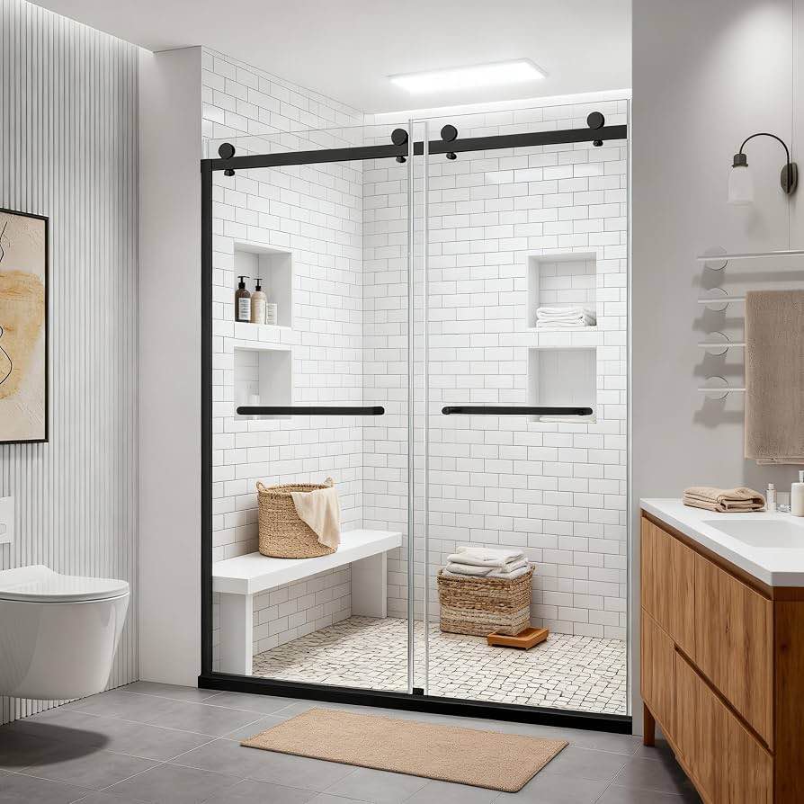 double sliding shower door, 60" w x 74" h framed glass shower door with 5/16"(8mm) clear tempered explosion-proof film glass, 18 inch stainless steel handle, matte black
