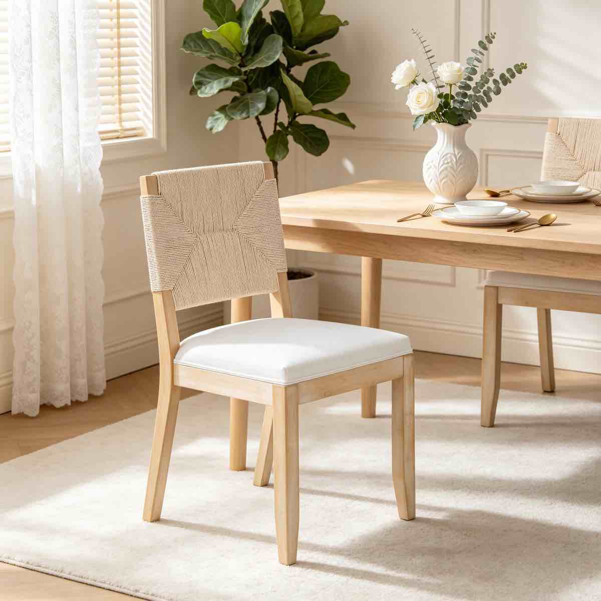 Condition photo showing New/Like New for french country dining chairs set of 2, beige woven rattan farmhouse style dining chair 34'' h x 18.89'' w x 21.26'' d