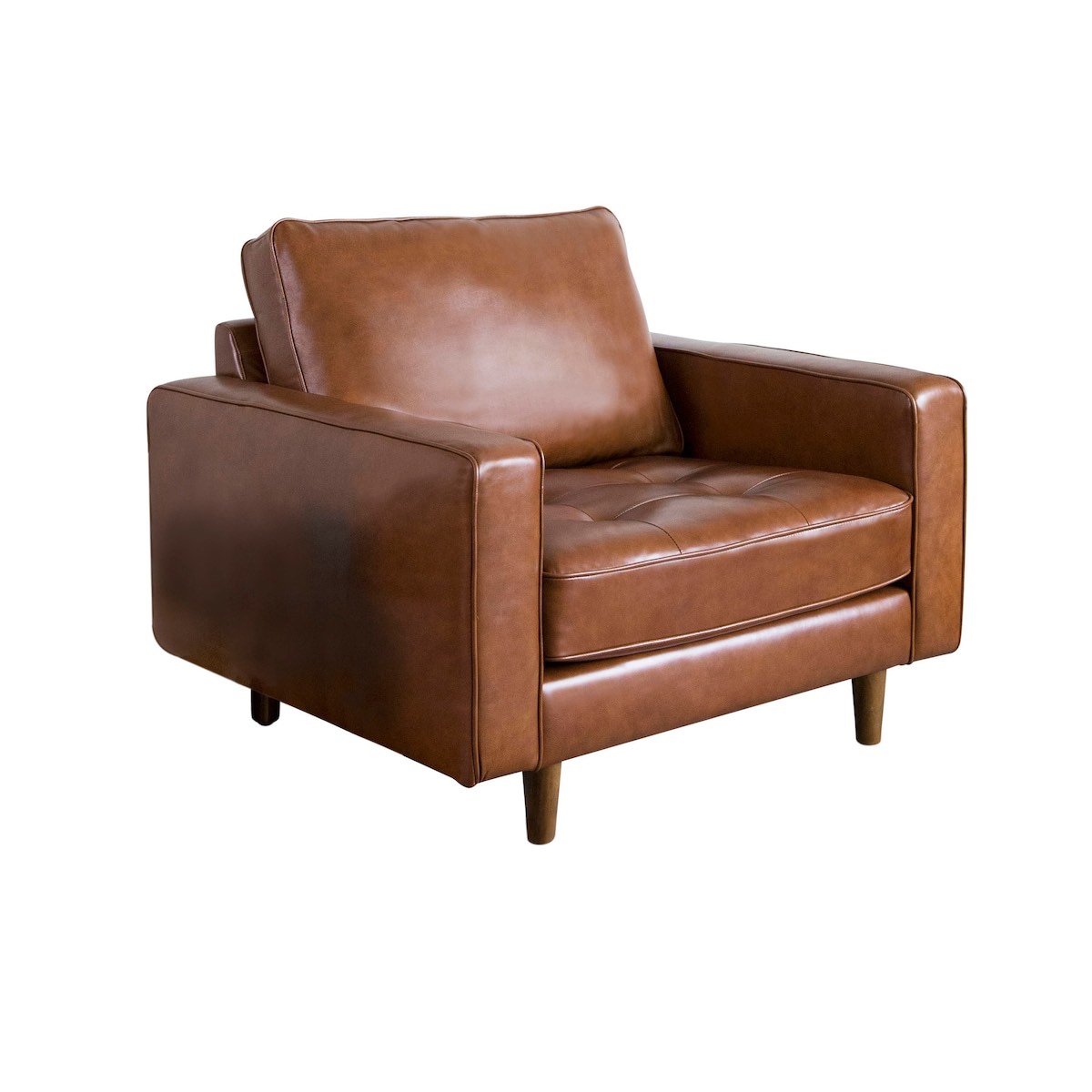 Condition photo showing New/Like New for abbyson holloway mid-century modern top grain leather armchair - camel (small scratches on legs) 40"w x 39"d x 36"h