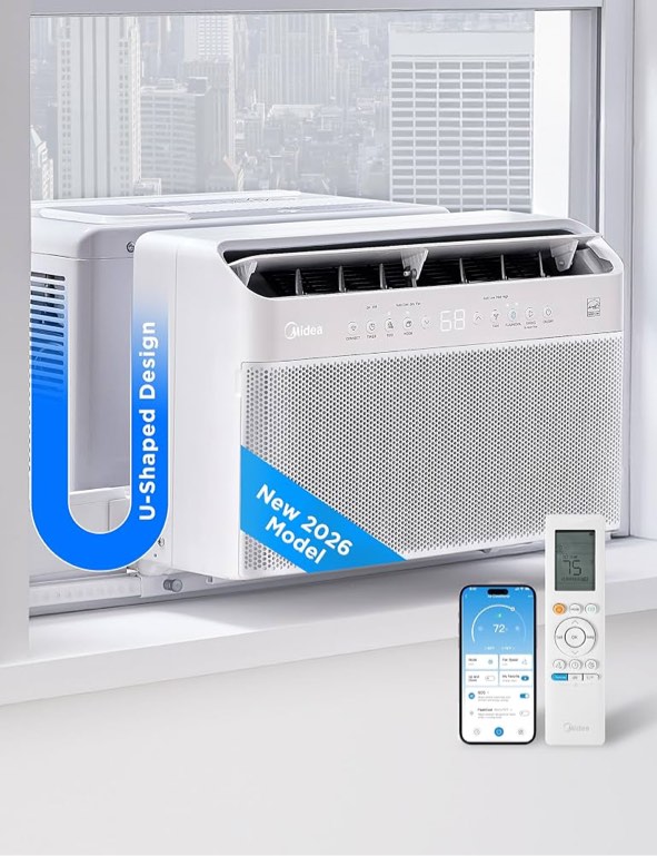 midea 6,000 btu u shaped window air conditioner, cools up to 250 sq ft | ultra quiet u-shaped design, inverter control, open window flexibility, alexa/google assistant, 37% energy savings, 2026 new