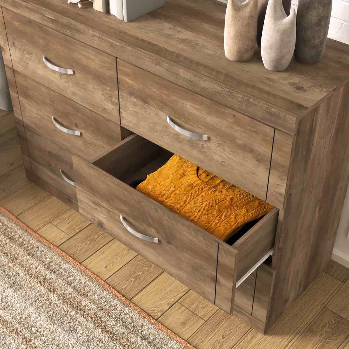 Condition photo showing New/Like New for avigail 6 drawer 46.45inch w knotty oak double dresser, overall dimensions 31 h x 46.5 w x 16.1 d, new in box