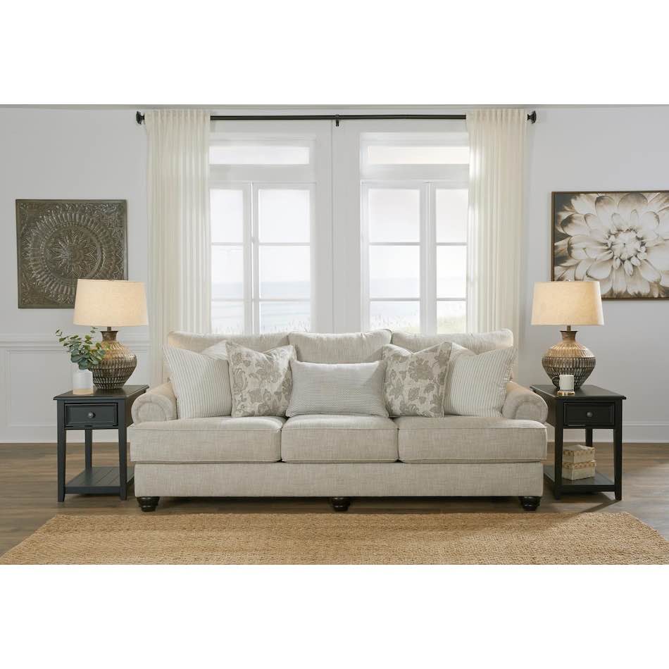 Condition photo showing New/Like New for asanti collection 98" sofa with corner-blocked frame loose reversible cushions and accent pillows included. 98"w x 44"d x 40"h