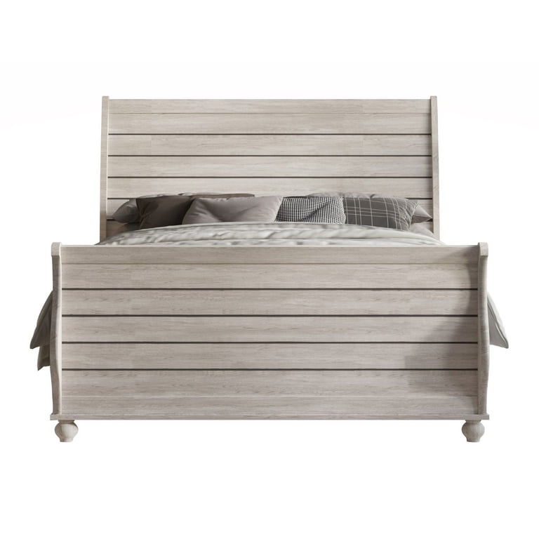 Condition photo showing New/Like New for home furniture miles king size bedroom set with white oak panel bed and 2 toned 2 drawer nightstands with iron handles.