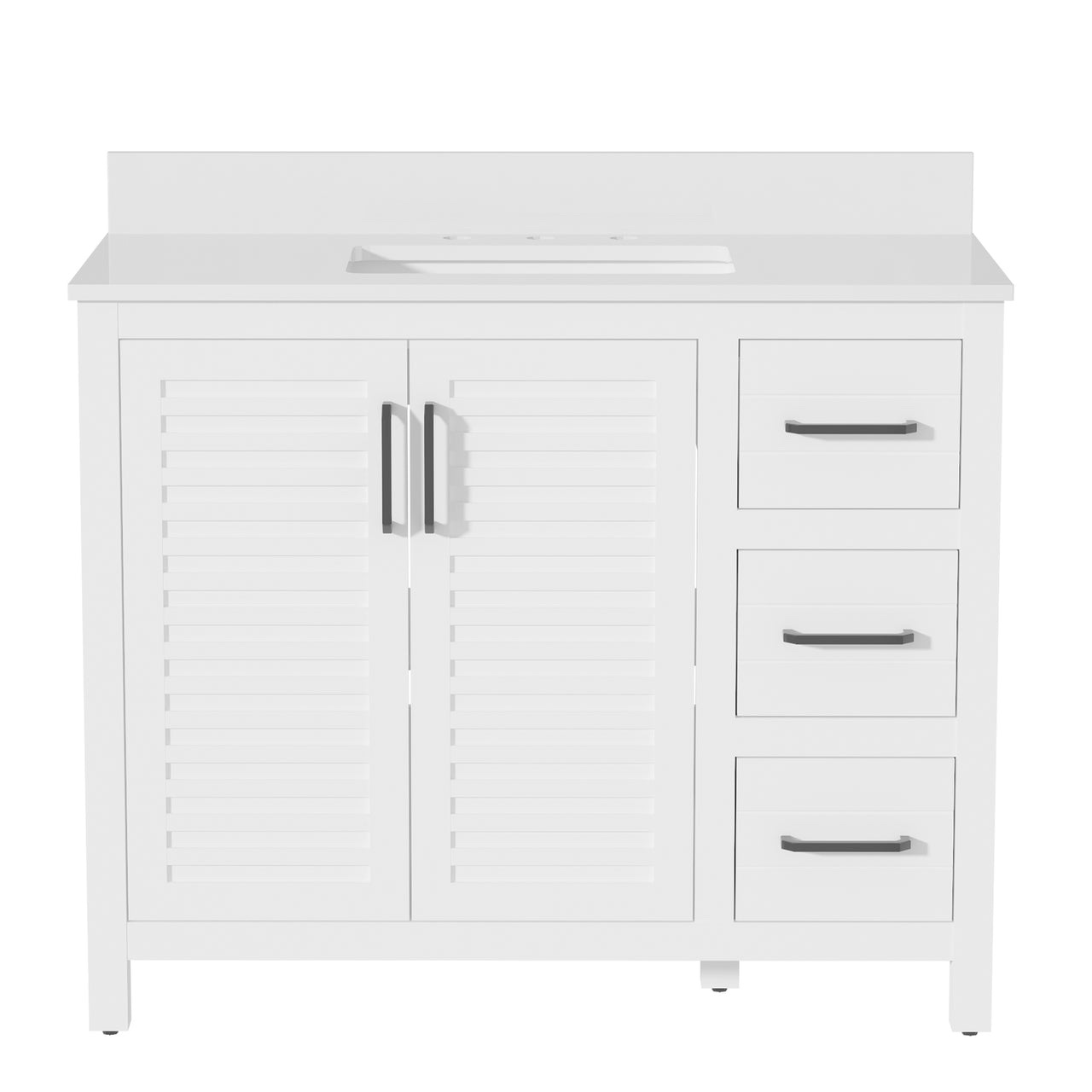 Condition photo showing New/Like New for 42"w white freestanding single bathroom vanity with 3 drawers, white quartz countertop, louvered cabinet doors, and black metal handles. 34.7"h × 42"w × 19.5"d