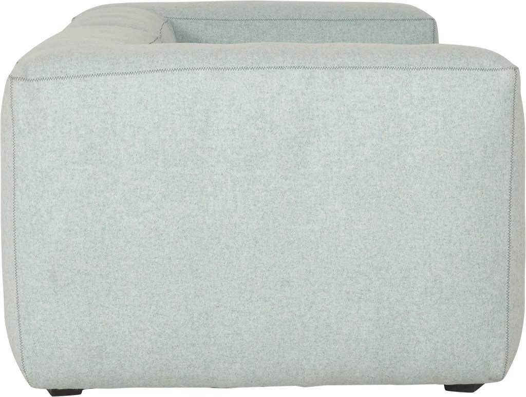 Condition photo showing New/Like New for hay ocean blue and teal 2 tone wool corner chair. 26'' h x 20'' w x 40'' d