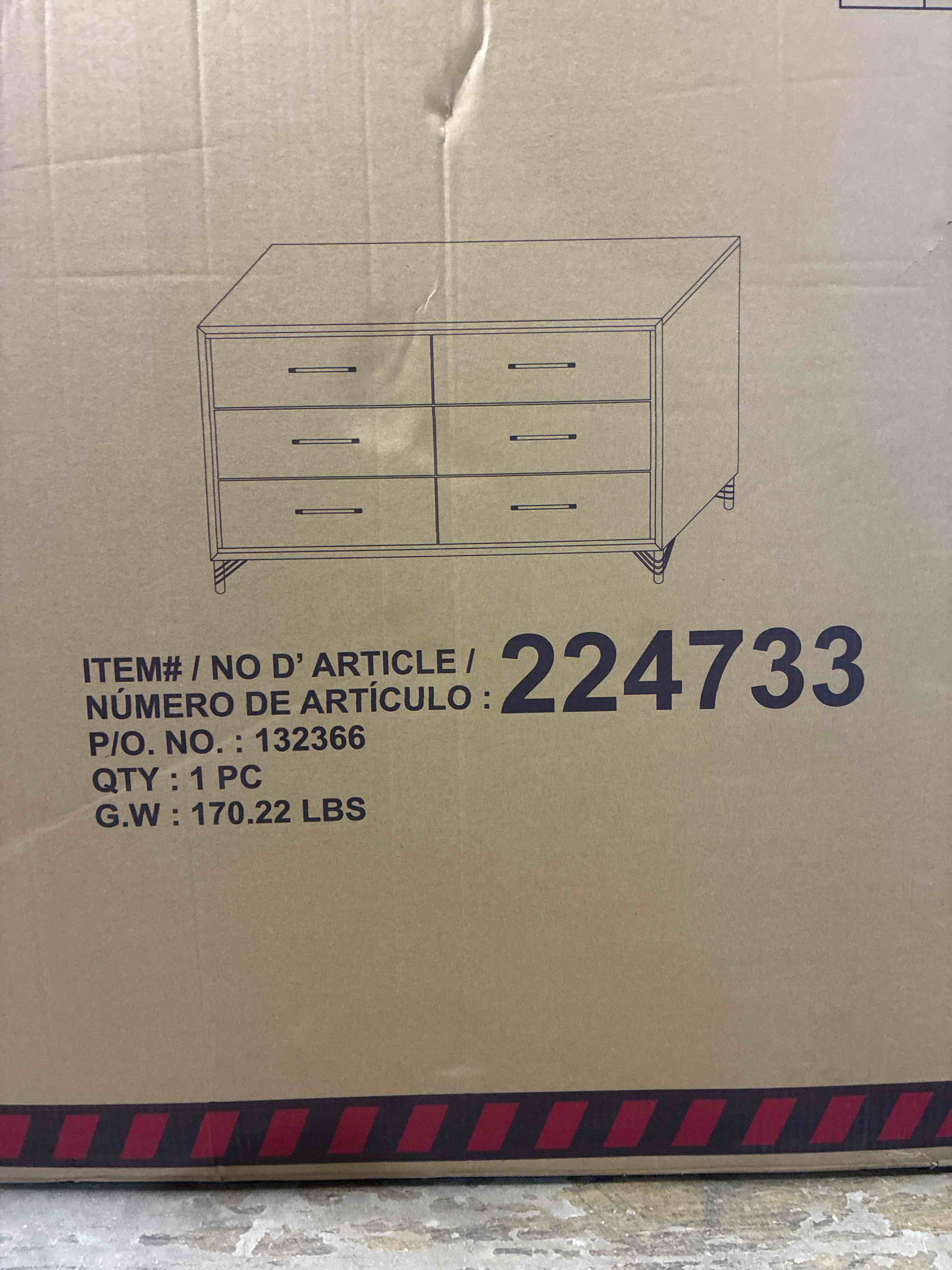 Condition photo showing New/Like New for white 6 drawer coaster furniture dresser with gloss gold trim, legs, and handles. 58.5w x 33.75h x 15.75d