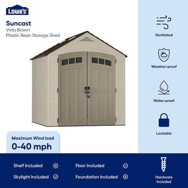 Condition photo showing New/Like New for suncast 7-ft x 7-ft vista brown gable roof plastic resin storage shed. 84 w x 84 d x 98 h