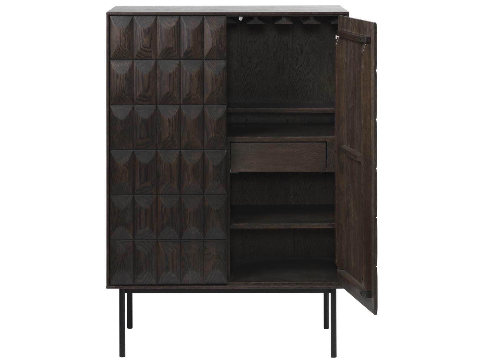 Condition photo showing New/Like New for black oak wood latina drinks cabinet with multiple storage compartments and embossed doors, 35.5''w x 17.7''d x 51.125''h