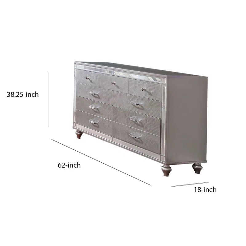 Condition photo showing New/Like New for galaxy sterling silver 7 drawer dresser with mirrored trim, snake printed door panels, and crystal handles. width: 63 inches (63.38" w)height: 39 inches (37" to 39" h depending on foot adjustment)depth: 18 inches (17.75" d)
