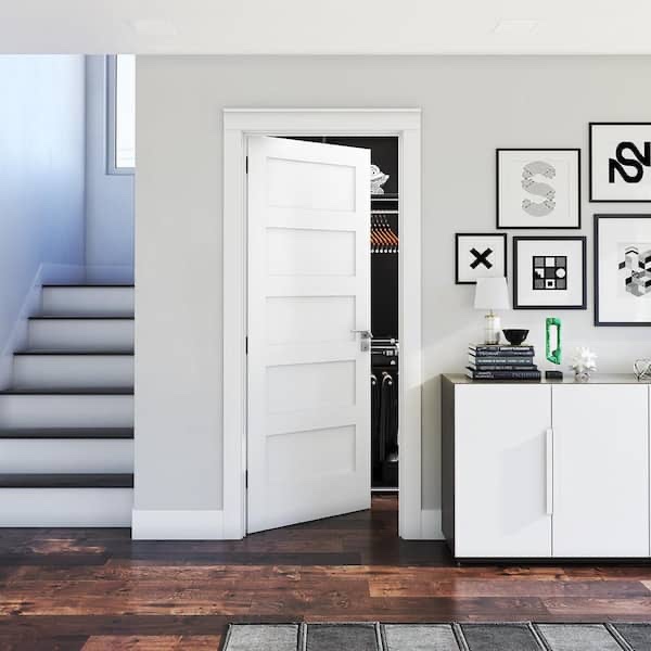 32 in. x 80 in. x 1-3/8 in. shaker white primed 5-panel solid core wood interior slab door (in box)