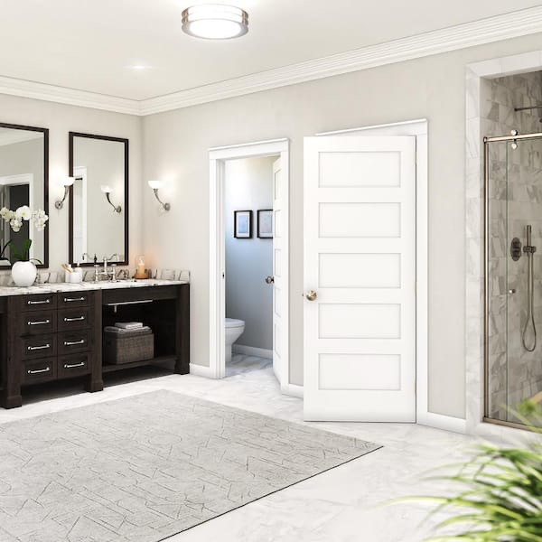 Condition photo showing New/Like New for 32 in. x 80 in. x 1-3/8 in. shaker white primed 5-panel solid core wood interior slab door (in box)