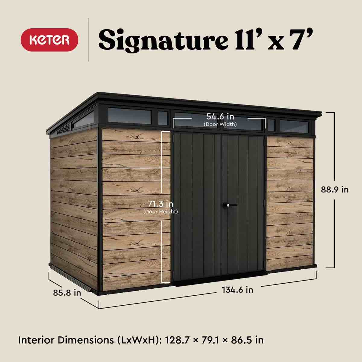 Condition photo showing New/Like New for keter signature collection 11x7 ft. durable resin outdoor storage shed with floor and double doors (in box) 88.9" h x 85.8" w x 134.6" d