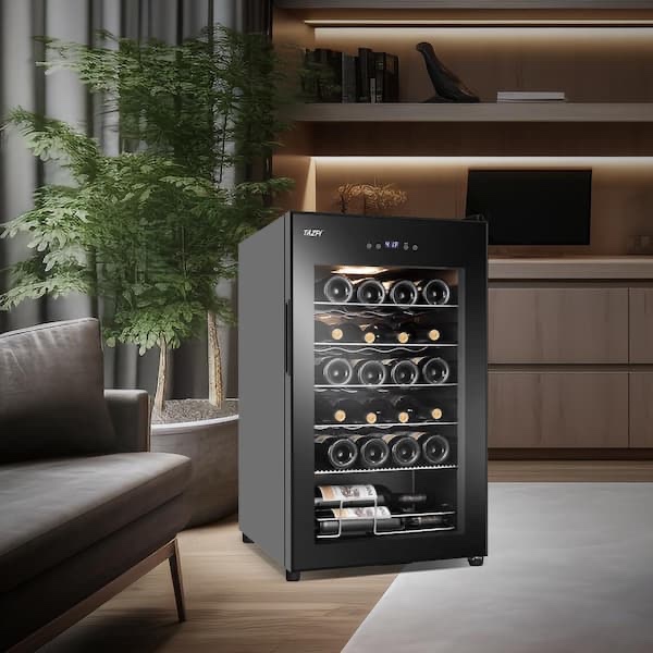 Condition photo showing New/Like New for 17 in. wine cooler 24 bottle freestanding wine refrigerator with door lock, black (in box) h 29.76 in, w 16.92 in, d 18.89 in
