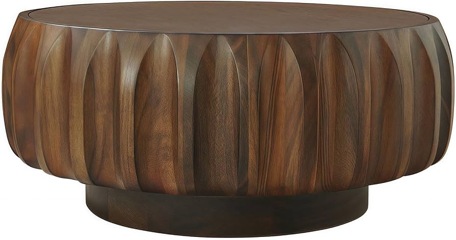 Condition photo showing New/Like New for round carved wood coffee table with artistic sculptural design and sturdy construction (in box) 31.5"d x 31.5"w x 13.78"h