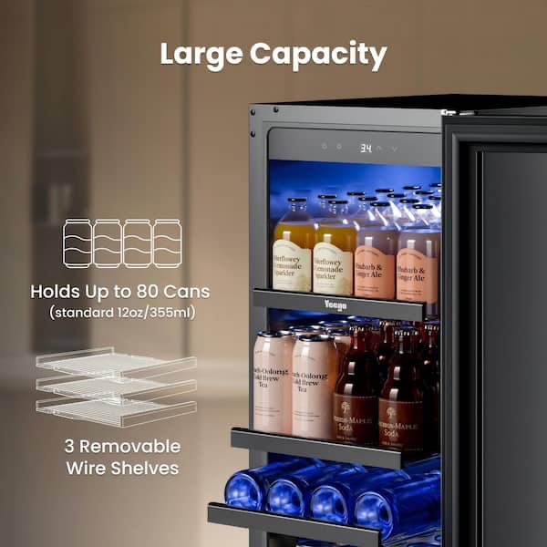 Condition photo showing New/Like New for 15 in. single zone 80-can built-in beverage refrigerator, beverage cooler with adjustable shelves in stainless steel (in box) h 34 in, w 15 in, d 22.4 in
