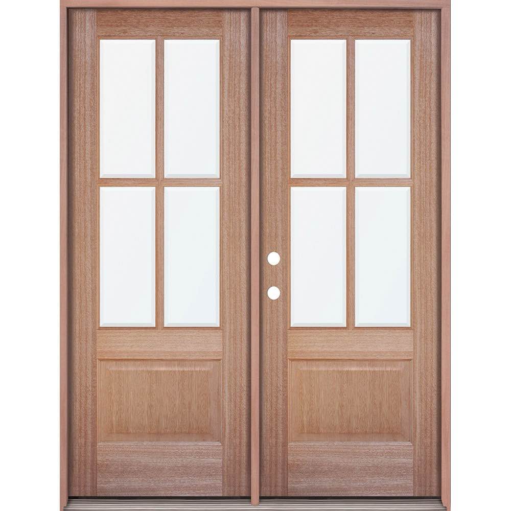 Condition photo showing New/Like New for 70 x 80 wood double door unfinished mahogany unit with beveled french panel glass. 