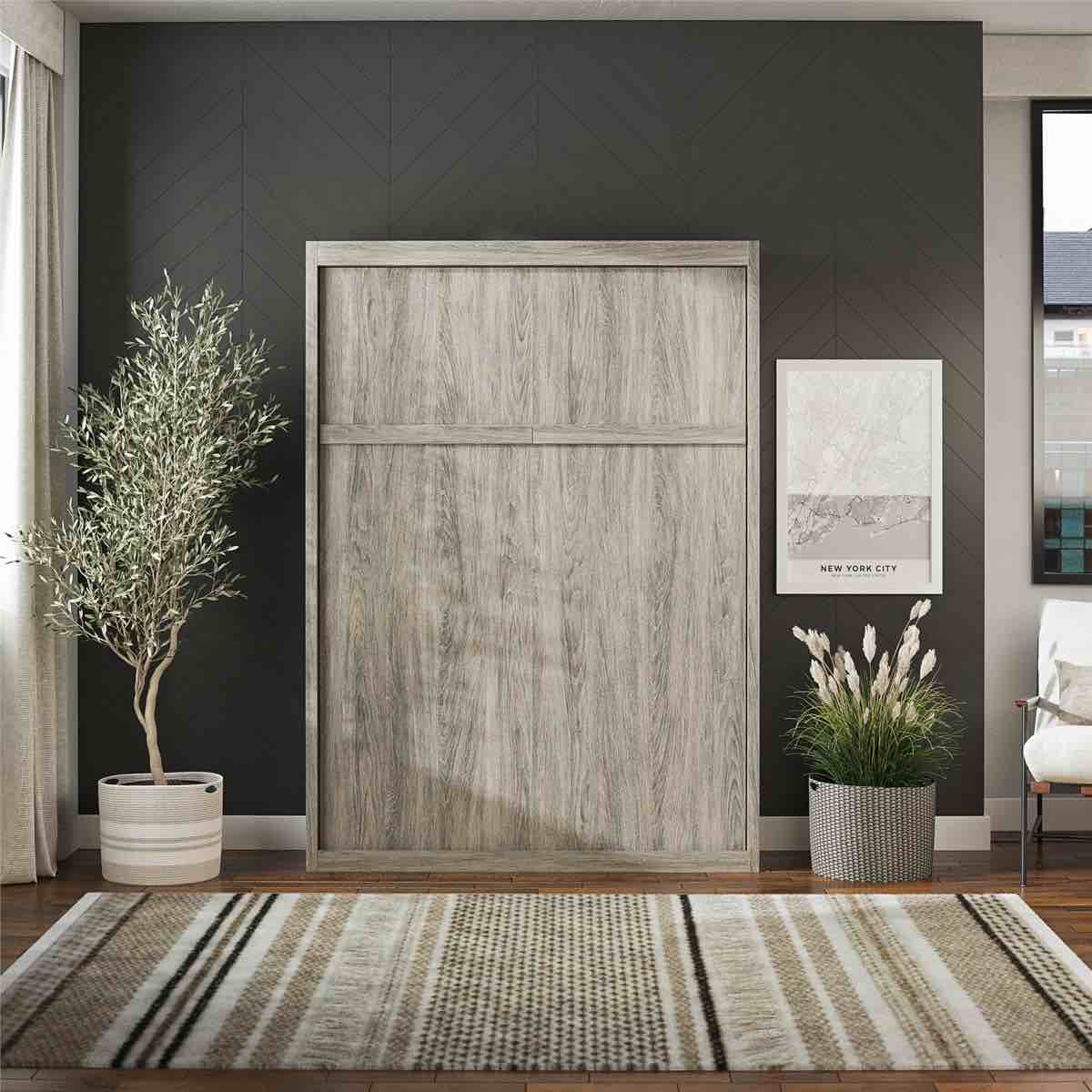 Condition photo showing New/Like New for queen size grey oak wood panel murphy bed, 3 boxes total