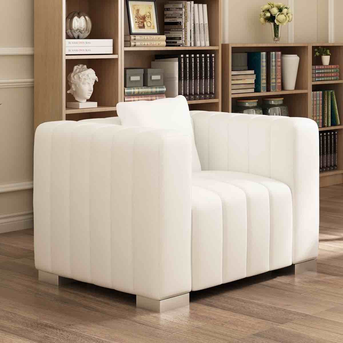 Condition photo showing New/Like New for clifford 35.4'' white velvet line tufted armchair with flurry accent pillow