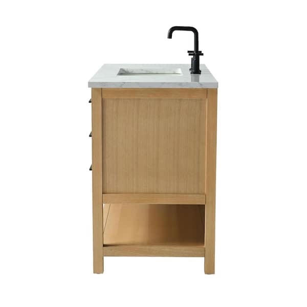 Condition photo showing New/Like New for oliver 42inch single sink freestanding bathroom vanity in light oak with arabescato engineered stone top